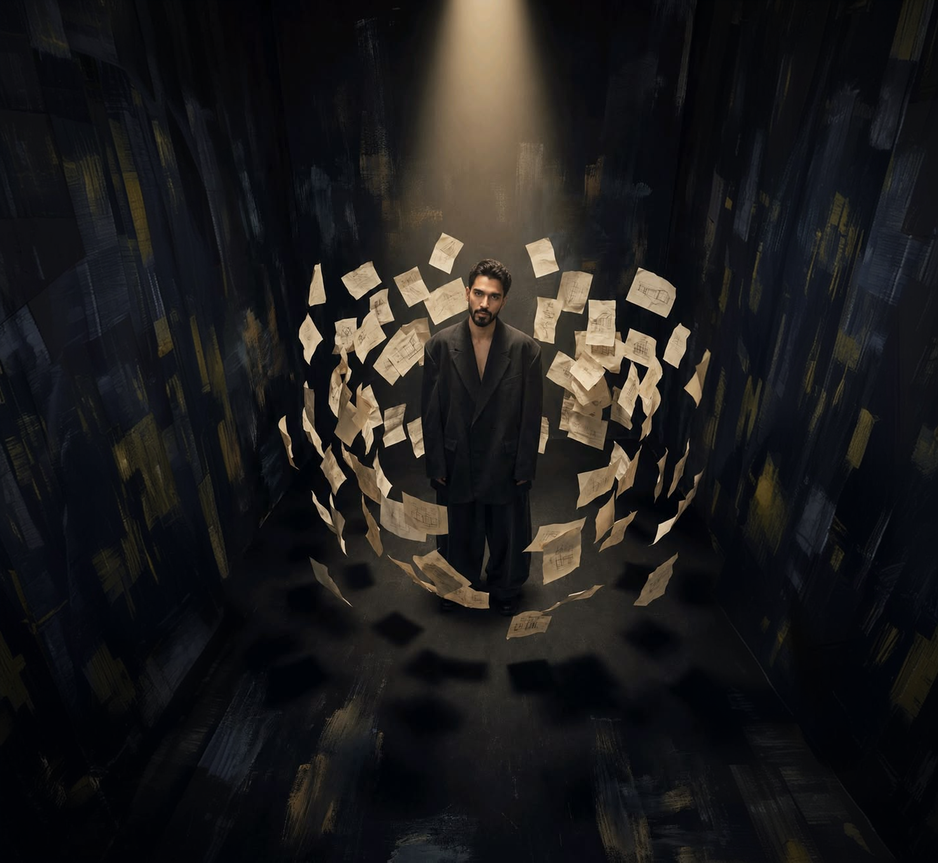 A person surrounded by swirling papers in a dark spotlit room — representing the chaos of finding an agency.